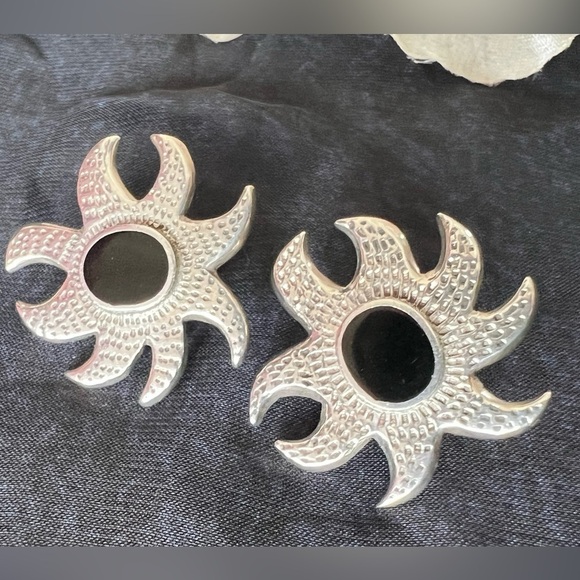 Jewelry - Sterling Silver 925 Sunburst Stud Earrings Black Onyx Center – 1” Vintage